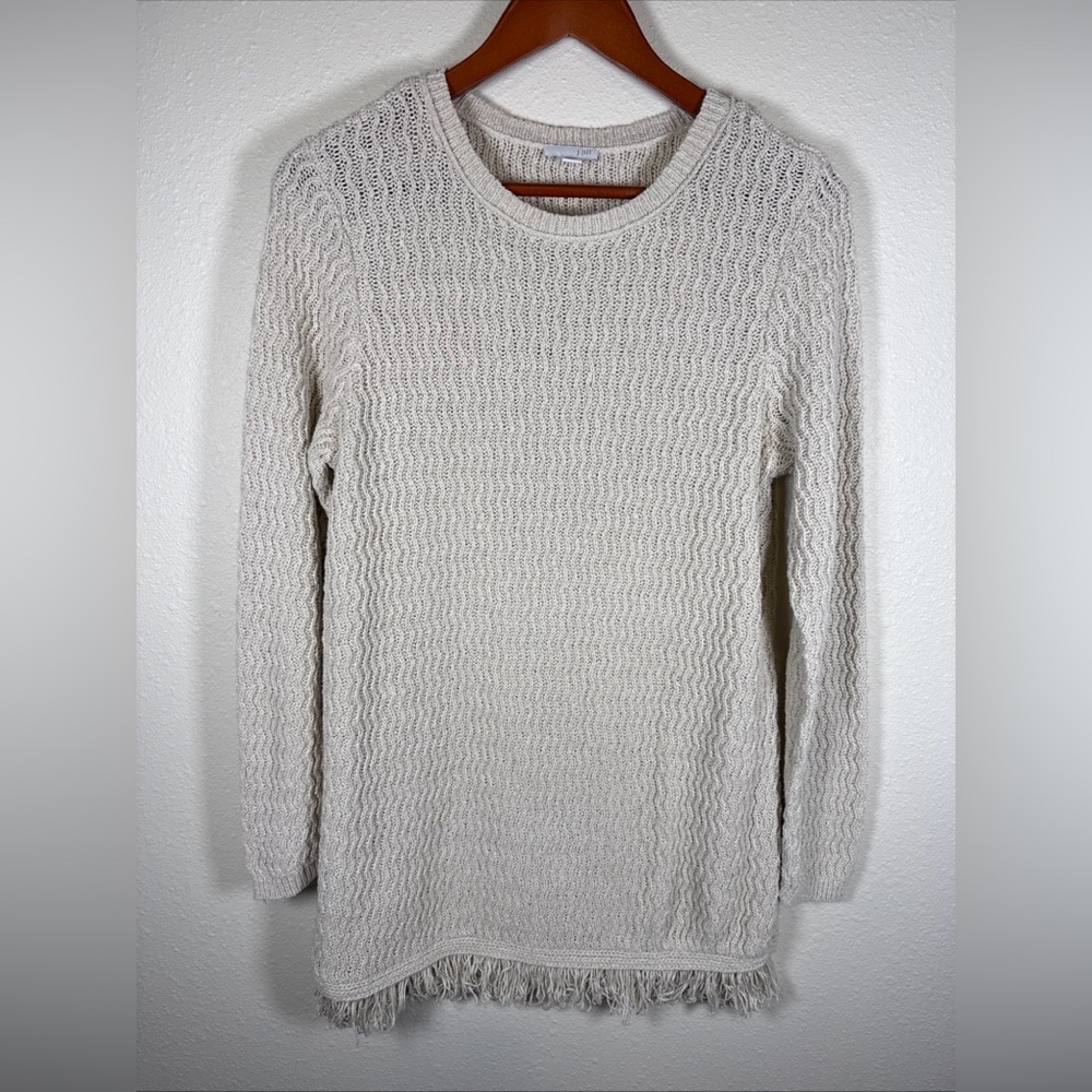 J.Jill Tunic Sweater Sz M Top Fringe Beige knit Pullover Boho Oversized Coastal